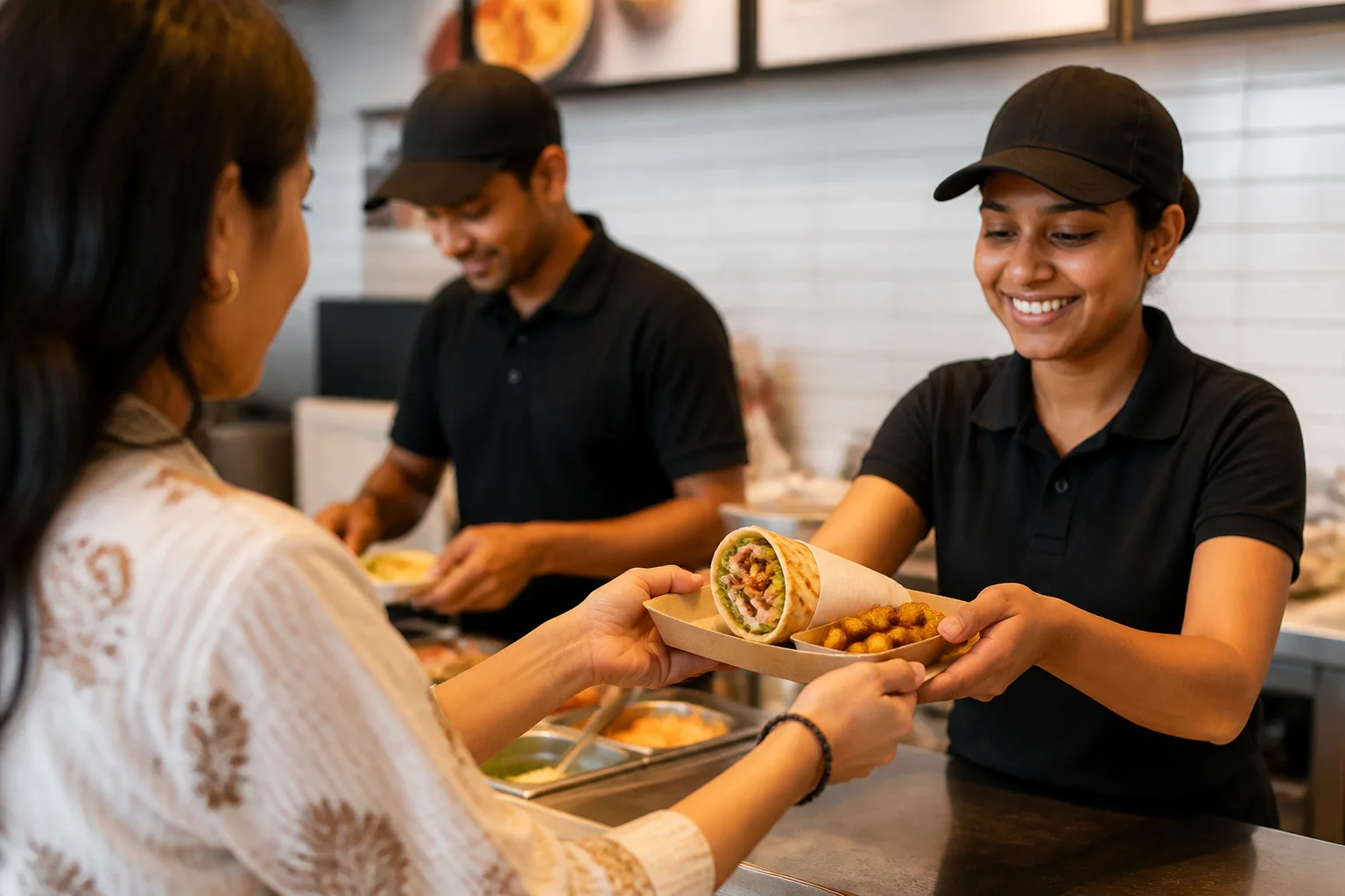 Quick-service restaurant context focused on a menu and preparation workflow
