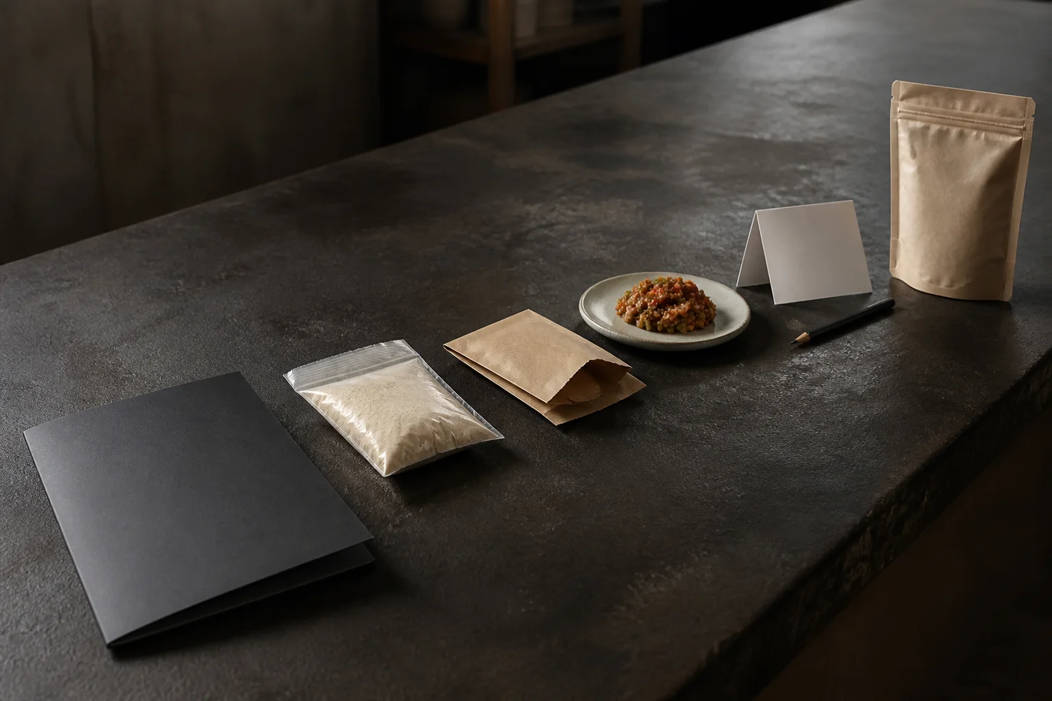 Brief, ingredient sample, finished-food sample, feedback card and commercial sample arranged as a working sequence